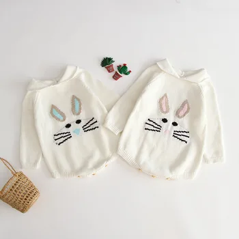 

2019 ins Baby Kids Cartoon Cat Knitting Rompers Long Sleeve Infant Toddler New Fashioned Sweet Candy White Color Romper Clothes
