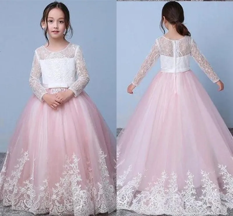 

Vintage Princess Dress with Lace Appliques Zipper Back Long Sleeves Jewel Neck Customized Flower Girl Dress For Special Occasion