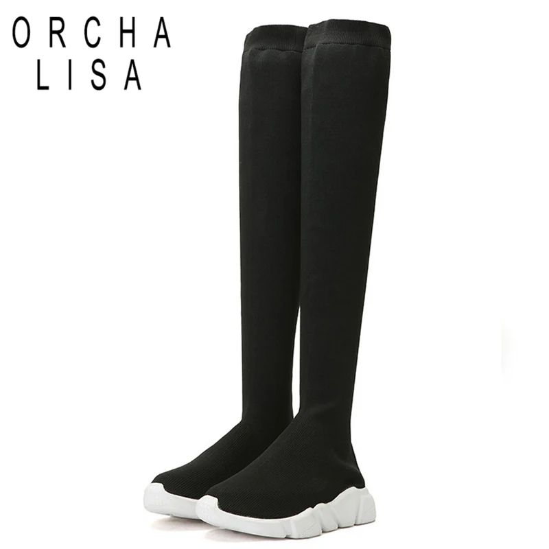 

ORCHA LISA Big Size44 Stretch Fabric Elastic Women Boots Flat Low Heel Over The Knee Slip-On Boots for Women Botas Feminina J306