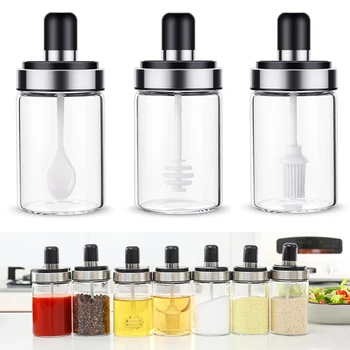 

3 Pcs Kitchen Glass Seasoning Bottle Salt Storage Box Spice Jar With Spoon Kitchen Supplies For Salt Sugar Pepper Powder
