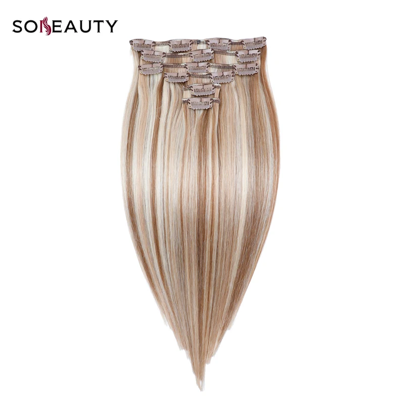 

sobeauty 120G/set Machine Made Remy Clip In Human Hair Extensions blond color Double Drawn Clip Hair Silky Straight Hair