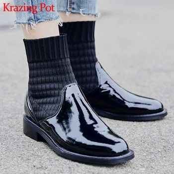 

Krazing pot genuine leather med heel Autumn Winter slip on round toe dating modern western knitting British Chelsea boots l99