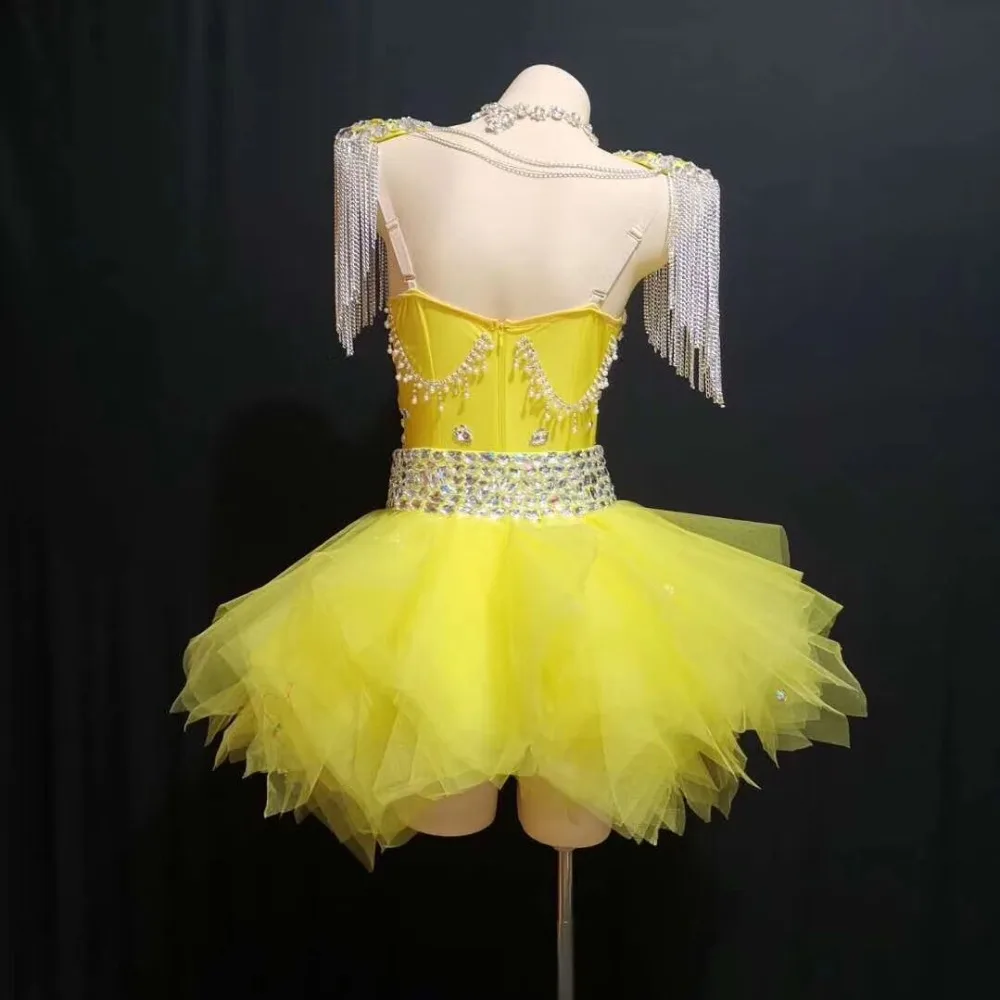 (Боди + юбка + эполет) желтый стеклянный Женский комплект со стразами сексуальный роскошный сценический костюм Go-Go для выступления певца