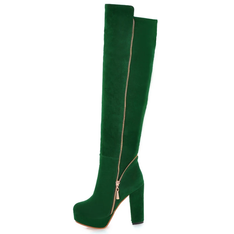 Arden/Модная женская обувь на меху зимние женские ботинки на не сужающемся книзу массивном каблуке с круглым носком зеленые замшевые сапоги до колена на молнии Большие размеры 43