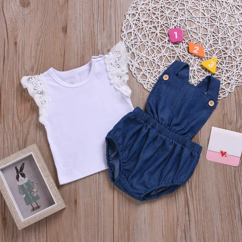 Летние топы с расклешенными рукавами для маленьких девочек, футболка, джинсовый комбинезон на бретелях, боди, повседневные Костюмы