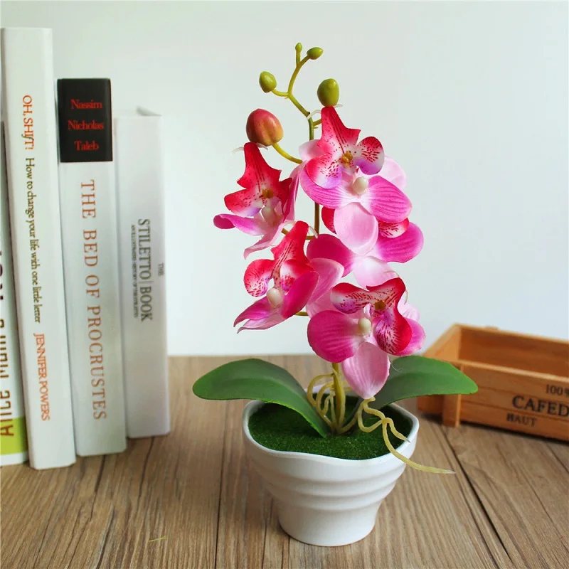 1 комплект горшечные искусственные цветы, орхидеи+ пена лист+ Пластик ваза моделирования и пятью цветками; головок маленький бонсай для домашнего декора аксессуары - Цвет: Pink