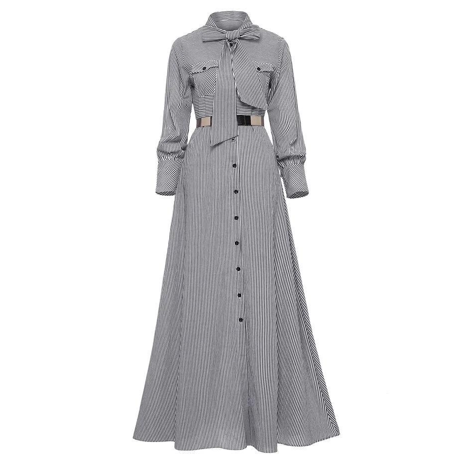

Women Striped Maxi Dresses Autumn Spring Long Princess Sleeve Bowknot Button Robe Slim Chic Single Breasted OL Style Vestidos