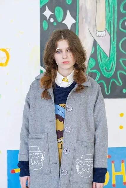 Dames Bande Gris Broderie Femme Nouveau Laine Manteau Mélanges Dessinée Femmes 2017 Pour De Mode Long Coréenne Printemps RTOBwUq