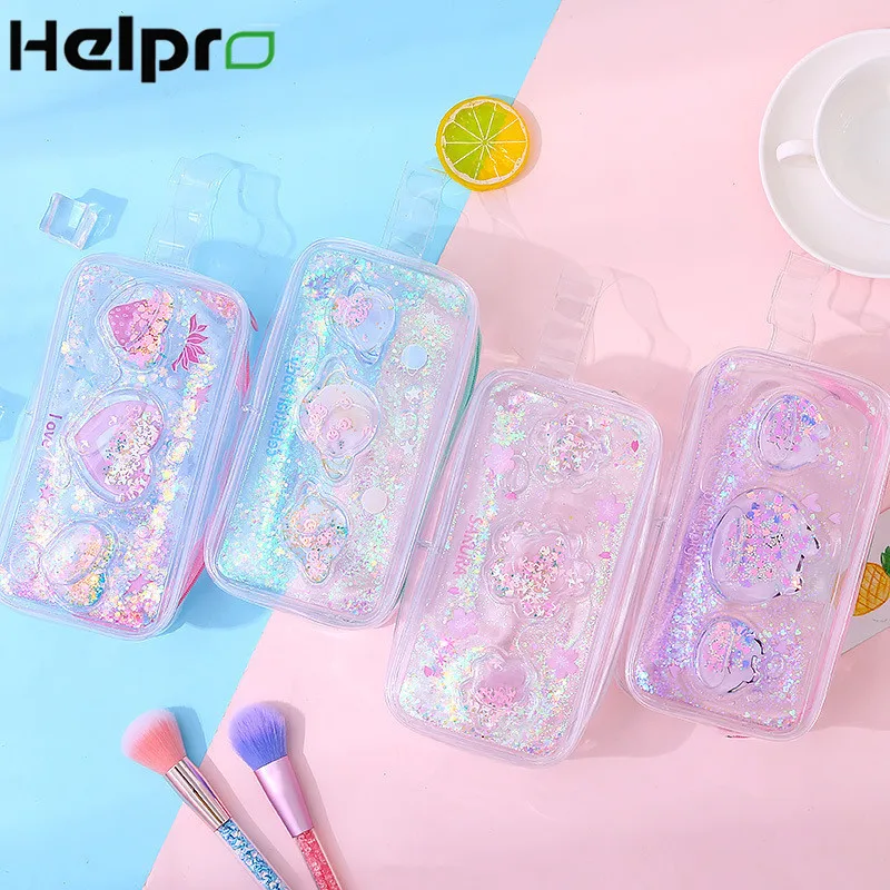 

Helpro New Kawaii Transparent Quicksand Pencil Case Large Capacity 3D Pattern Pen Bag Office School Stationery Gift Supplies