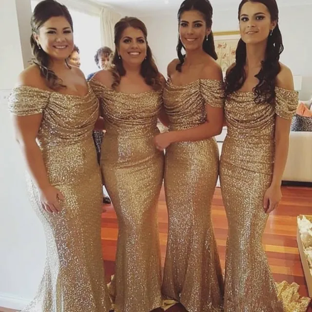 2017 Gold Sequin Bridesmaid Dresses Sparkly Boat Neck Off The 2017 Gold Sequin Bridesmaid Dresses Sparkly Boat Neck Off The Shoulder Wedding Party Gowns Y Long