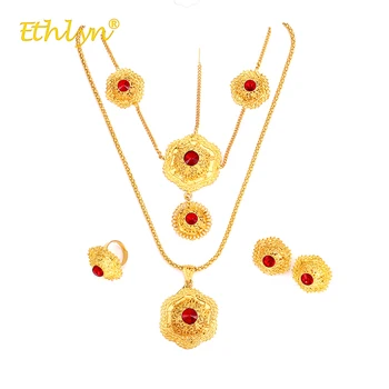 

Ethlyn Africa/the Middle East/Ethiopia Luxury Wedding Jewelry Set Gold Color Acrylic Red Crystal Necklace/Earrings/Ring/Headwear