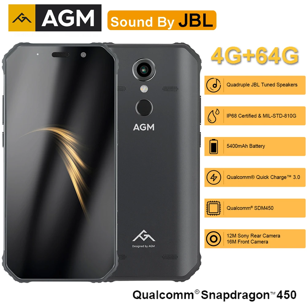

AGM A9 Co-Branding 5.99" FHD+ 4G+64G Android 8.1 Rugged Phone 5400mAh IP68 Waterproof Smartphone Quad-Box Speakers