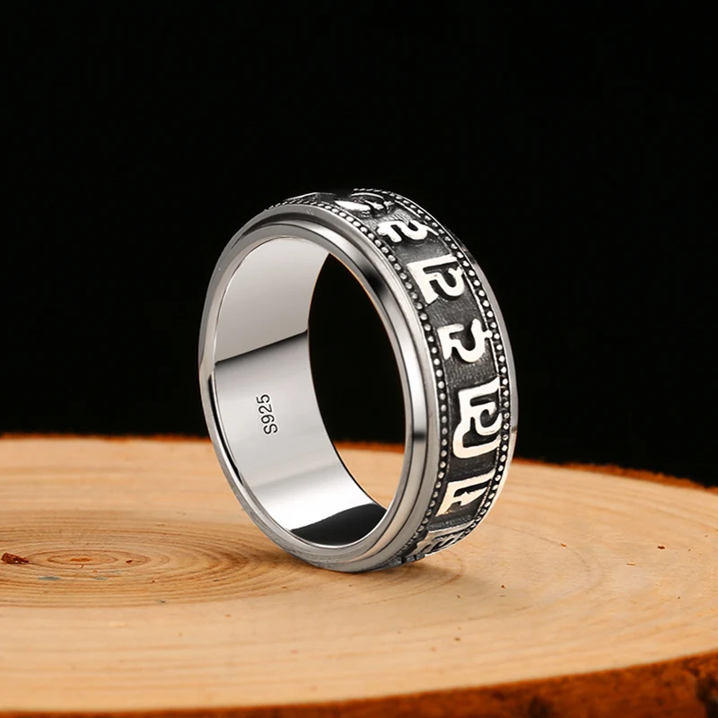 

100%925 Sterling Silver Spinner Ring For Men Women Vintage Six Words Mantra Mens Signet Rings Punk Jewelry Valentine's Day Gifts