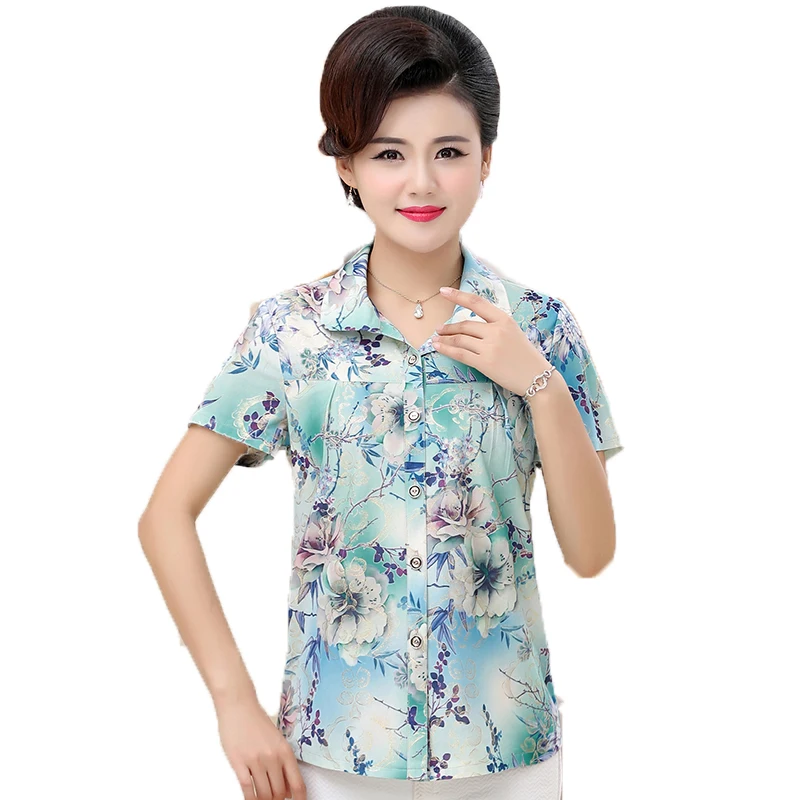 

Women Summer Shirts Blue Red Flower Tops Female Short Sleeve Turn Down Collar Crepe Tunic Middle Aged Woman Elegant Shirt 2019