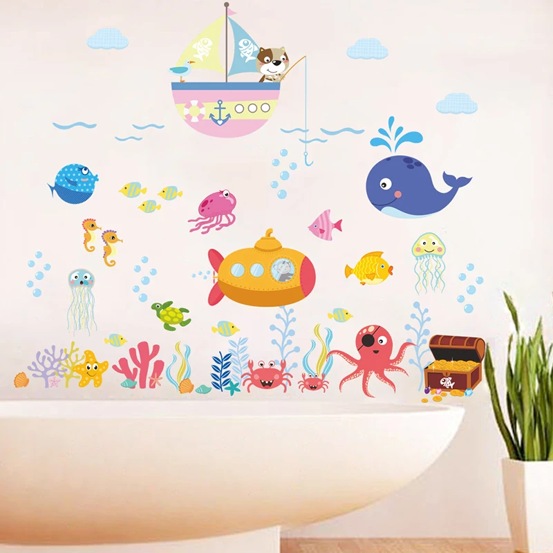 Подводный рыба акула лодка черепаха пузырьки настенные наклейки Дети Roos ванная комната Гостиная Спальня Декор для дома стены ПВХ художественные наклейки