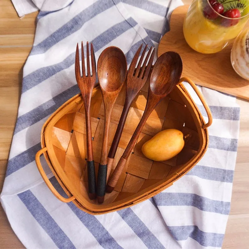 Japanese Style Dinnerware Set With Scoop Fork Portable Cutlery Set For Kids School Picnic Kitchen Wooden Tableware Utensil Set (1)