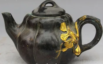 

Chinese Bronze Gilt Pumpkin Shape Leaf Wine Tea Pot Flagon Kettle Jug Pots Flask