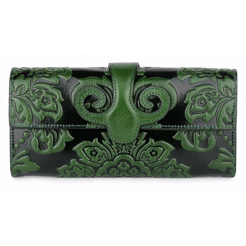 

Guaranteed Genuine Oil Waxing Leather Embossing Flower Women Wallet Large Capacity National Style Ladies Multi-function Purses