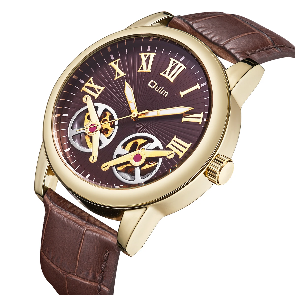 

OULM Unique Design Style Tourbillon Skeleton Watch Casual Men Mechanical Wristwatch Leather Strap Automatic Watch
