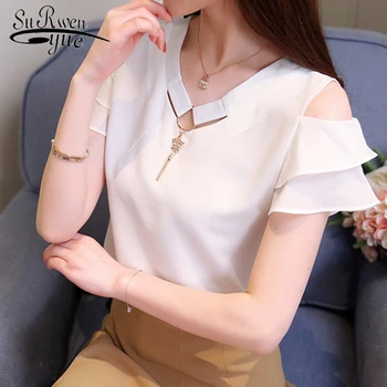 

new 2019 fashion white summer tops chiffon blouse women shirt short sleeve v-neck women blouses blusas women's clothing 0081 30
