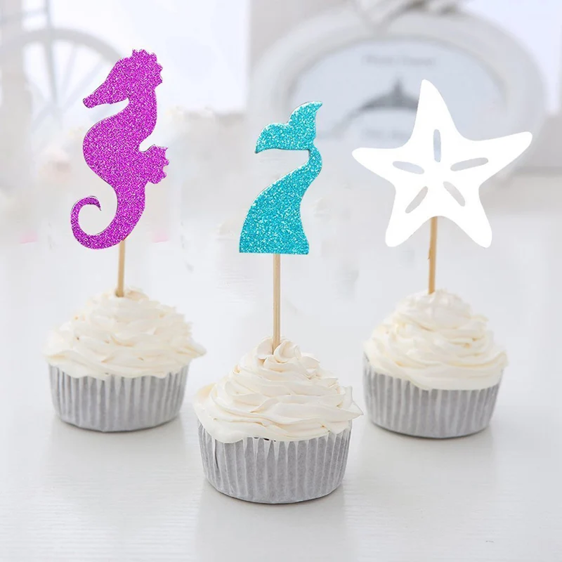 

24pcs Mermaid Tail/Hippocampus/Starfish Cupcake Topper Under The Sea Wedding Party Birthday Shower Birthday Cake Decor
