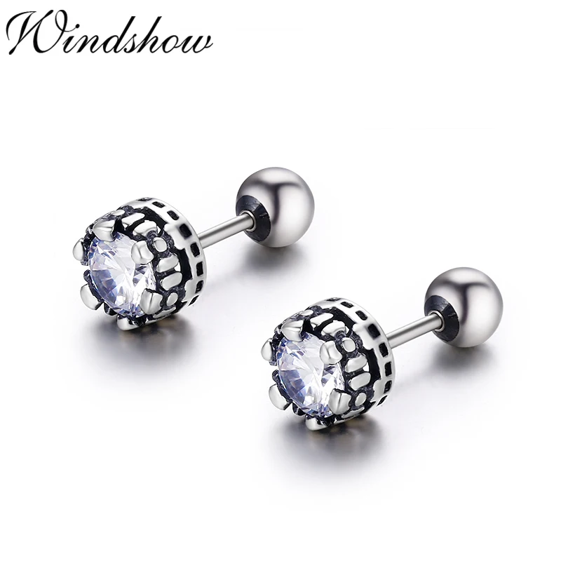 

Vintage Retro Black 925 Sterling Silver Round CZ Screw Back Stud Earrings For Women Girls Mens Jewelry Orecchini Aros Aretes