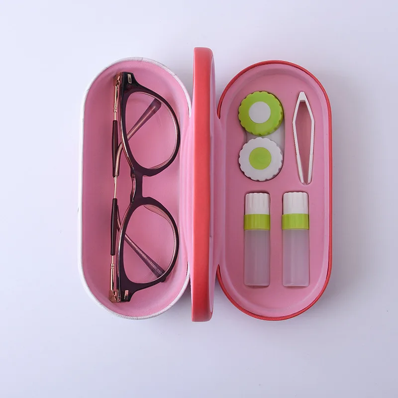

High Quality Double Interlayer with Mirror Metal Contact Lens Case for Kit Box Dual Purpose Leather Reading Glasses Case