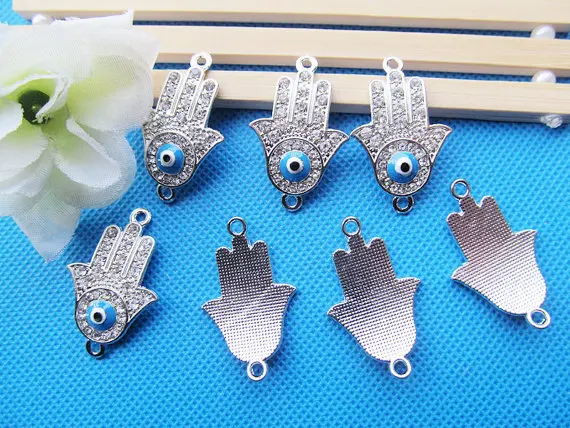 

50pcs Silver tone Sideway The hand of Fatima Hamsa Connector Pendant Charm/Finding,31pcs White Rhinestone & 1pcs Blue Evil Eye