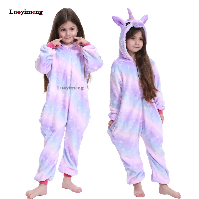 Зимняя Пижама кигуруми, единорог, панда, комбинезон, детская пижама с животными, одеяло, пижама, детская одежда для сна, комбинезон для девочек, костюм для мальчиков - Цвет: purple-star