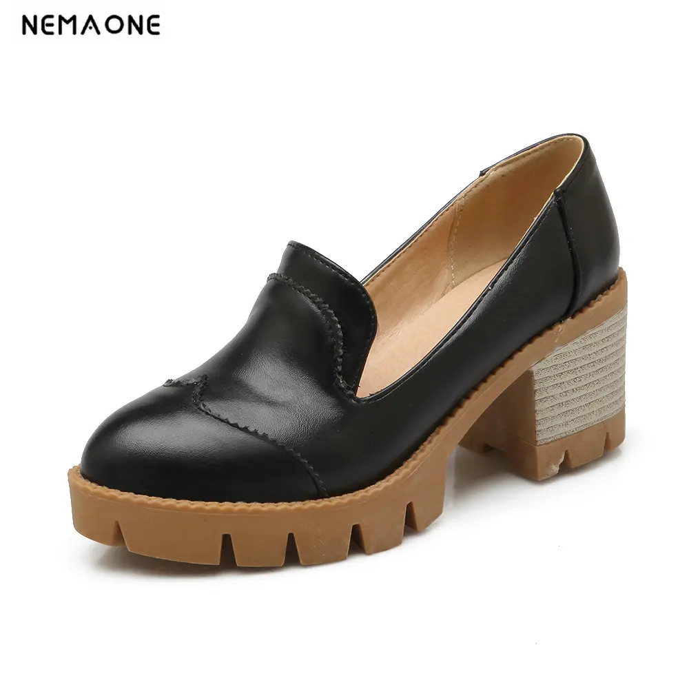 

NEMAONE Brand Women Pumps Plus Size 34-43 Fashion Elegant rouned Toe thick high Heels Woman Shoes Black beige pink