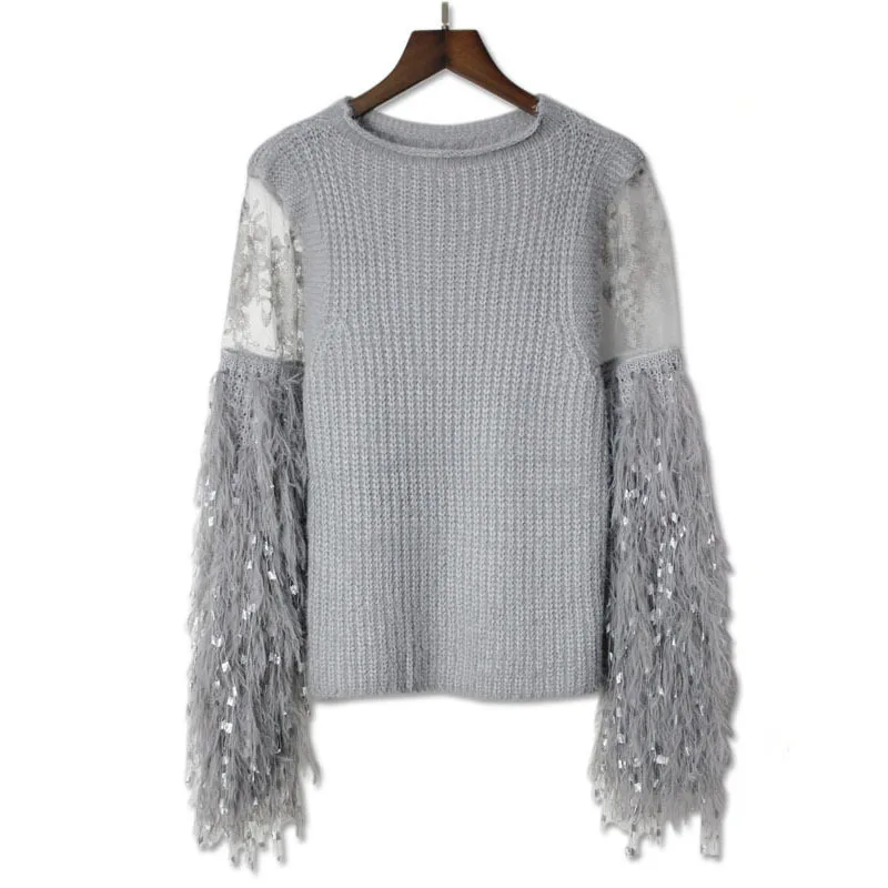 

[EWQ] 2019 New Autumn Spring Long Sleeve Round Collar Sweater Lace Splice Tassel Pullovers Elastic Women Fashion Tide OC366