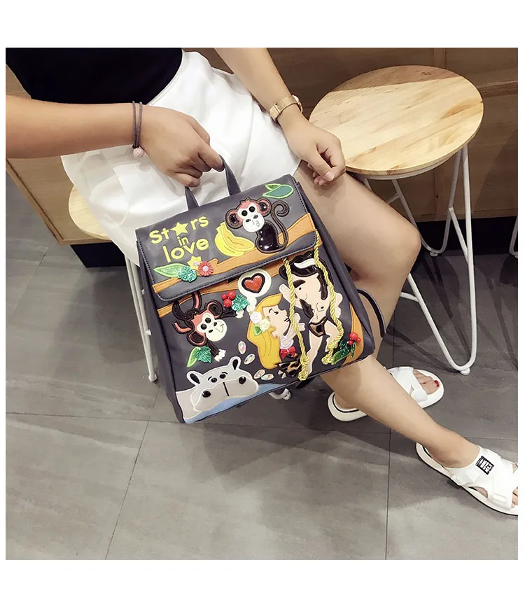 Женский кожаный лоскутный рюкзак с вышивкой, опрятный школьный рюкзак, дорожная сумка Braccialini, фирменный стильный дизайн, мультяшная обезьянка Тайшань