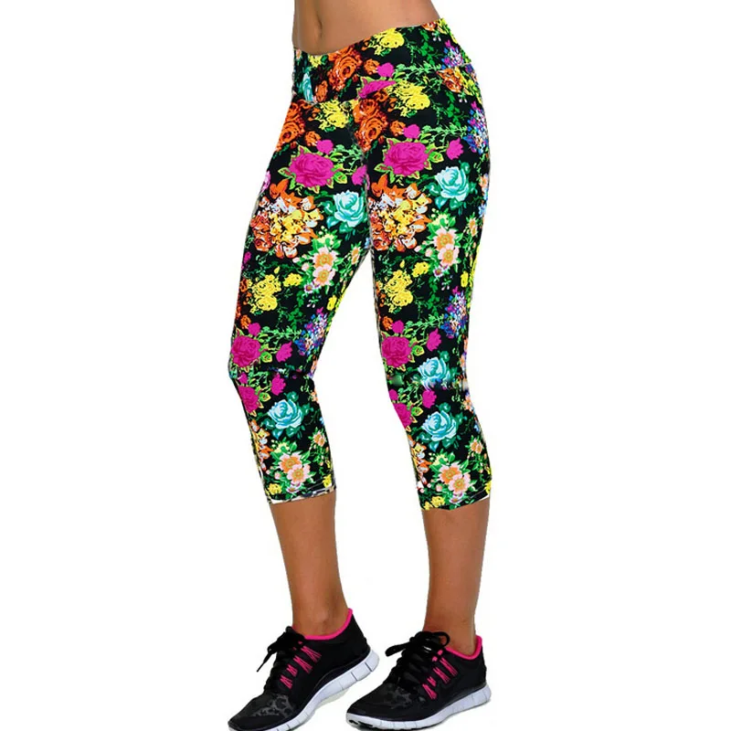 TOIVOTUKSIA New High Elastic Capri Leggings High Waist Flowers Print Plus Size Mid-Calf 3/4 Stretch Women Leggings for Summer TOIVOTUKSIA New High Elastic Capri Leggings High Waist Flowers Print Plus Size Mid-Calf 3/4 Stretch Women Leggings for Summer