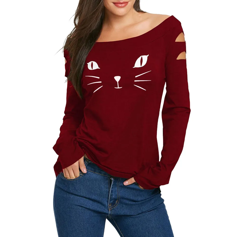 

Women's Cat Cold Shoulder Loose Casual Long Sleeve Shirt Tops Clothes Tshirt Tops Youthful Style Patterns Women T-shirt Top Tees