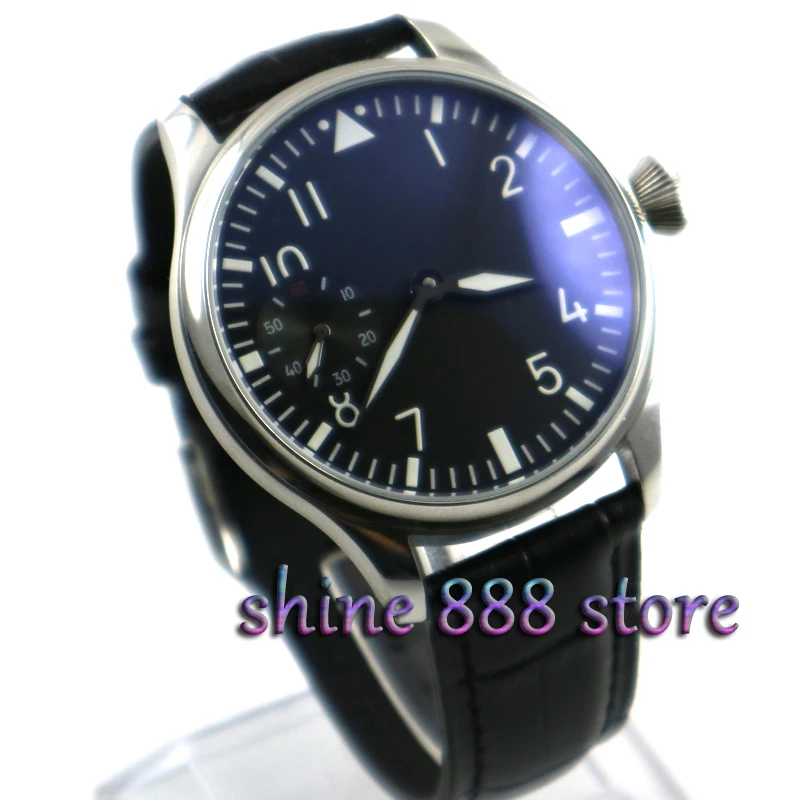 

44mm parnis Black dial Green luminous Black strap 17 jewels 6497 movement hand winding mens watch