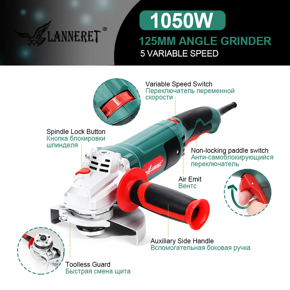 LANNERET Electric Angle Grinder 1050W 125mm Variable Speed 3000-10500RPM Toolless Guard for Cutting Grinding Metal or Stone Work