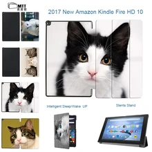 MTT Filp Stand PU leather Lovely Cat Cover For fire hd 10 Folio Smart cover case for 2017 Amazon All New Fire 10 Tablet Case