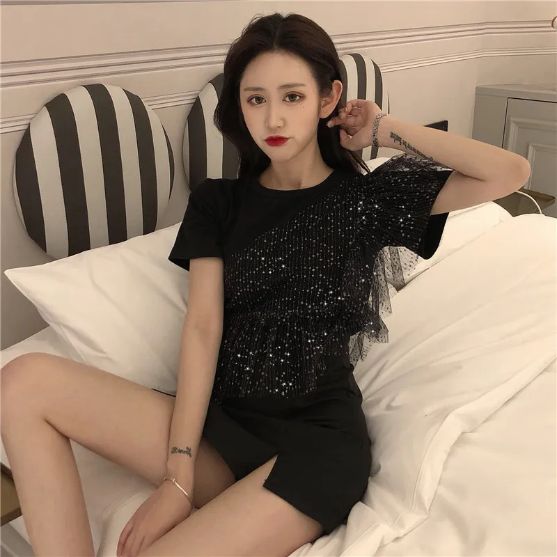 الصيف المرأة شبكة خياطة قصيرة الأكمام تي شيرت ضئيلة قصيرة غير النظامية القميص المفتوح القاع شبكة خياطة الأسود الأزياء تيز