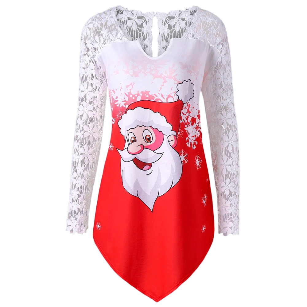 Women Blouses Causal Merry Christmas Santa Snowflake Print Tops Long Sleeve Lace Blouse Shirt SJ318V