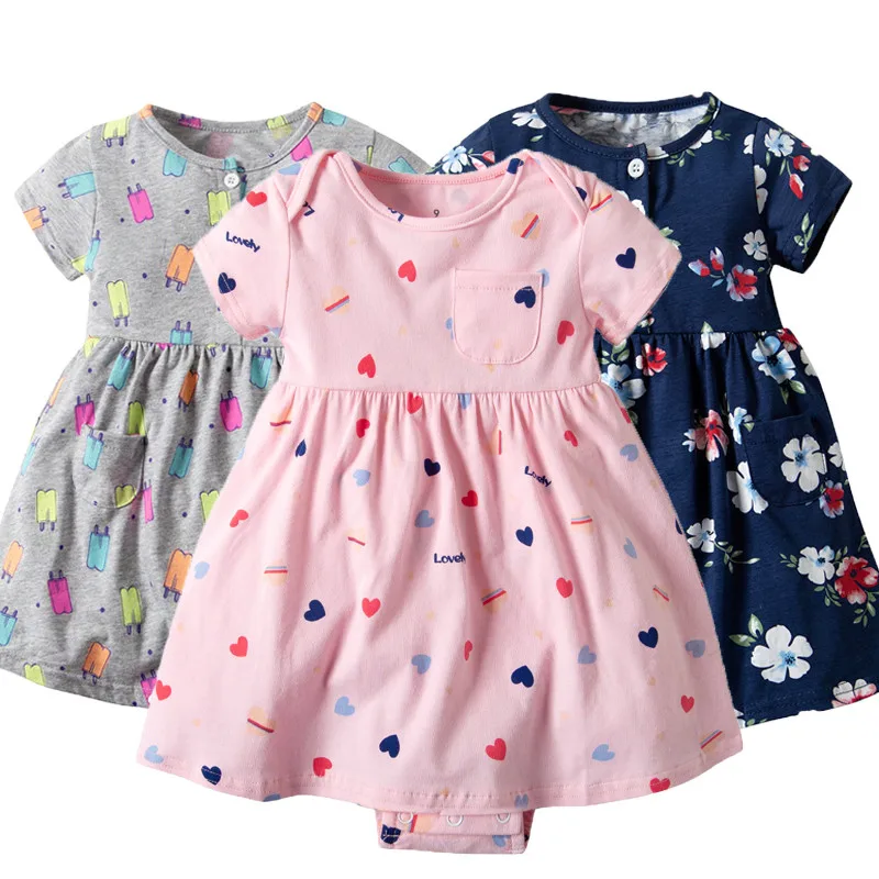 Хлопковые платья для маленьких девочек; платья для новорожденных девочек с героями мультфильмов; платье принцессы с короткими рукавами для малышей; повседневный комбинезон с цветочным рисунком; одежда