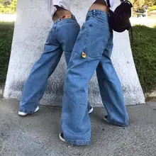 Новинка года, винтажная улица хип-хоп стиль, синие потертые и отбеленные свободные прямые джинсы с лого бойфренд джинсы для женщин