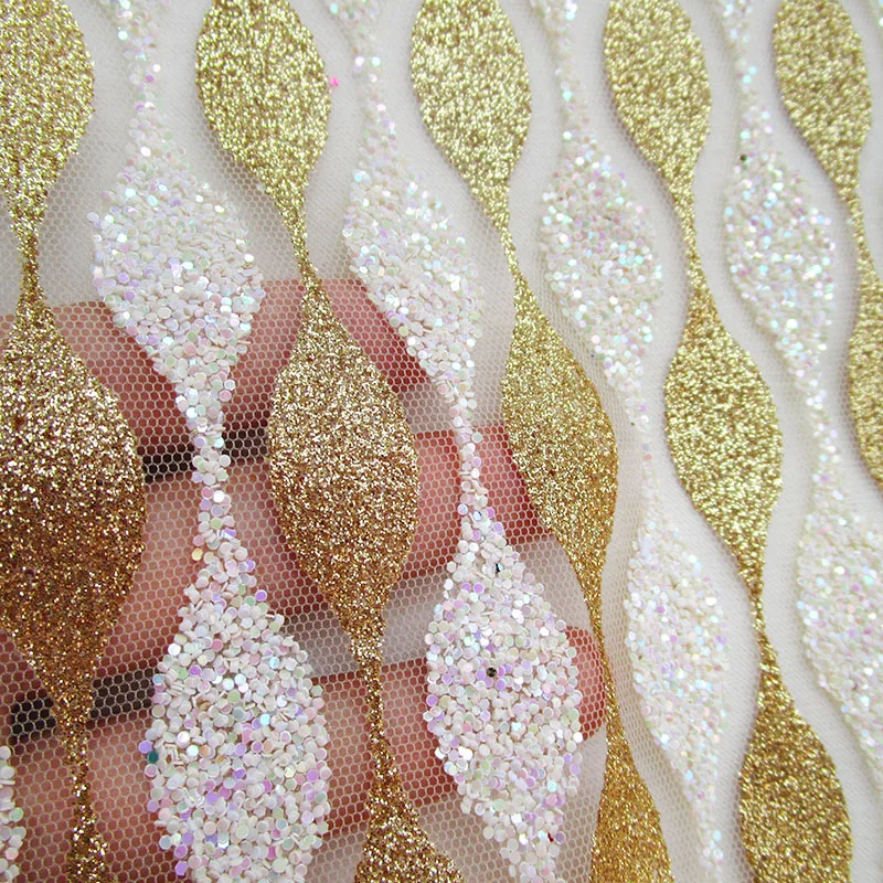 

4 yards african nigerian striped gold shiny net fabric french sequins evening party dresses lace fabric sewing wedding decor