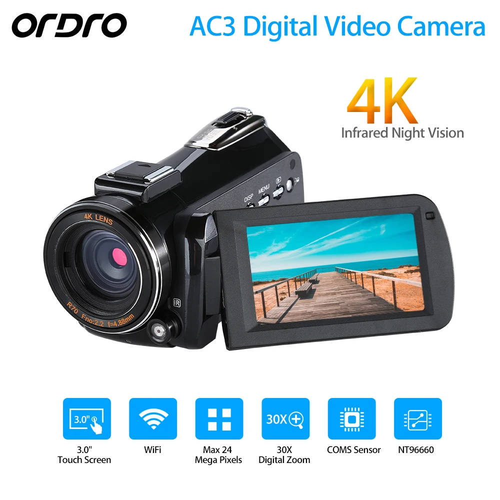 ORDRO обновленный AC3 4K Горячий башмак wifi цифровая камера HDMI 24MP инфракрасное ночное видение видео запись видеокамера " сенсорный экран