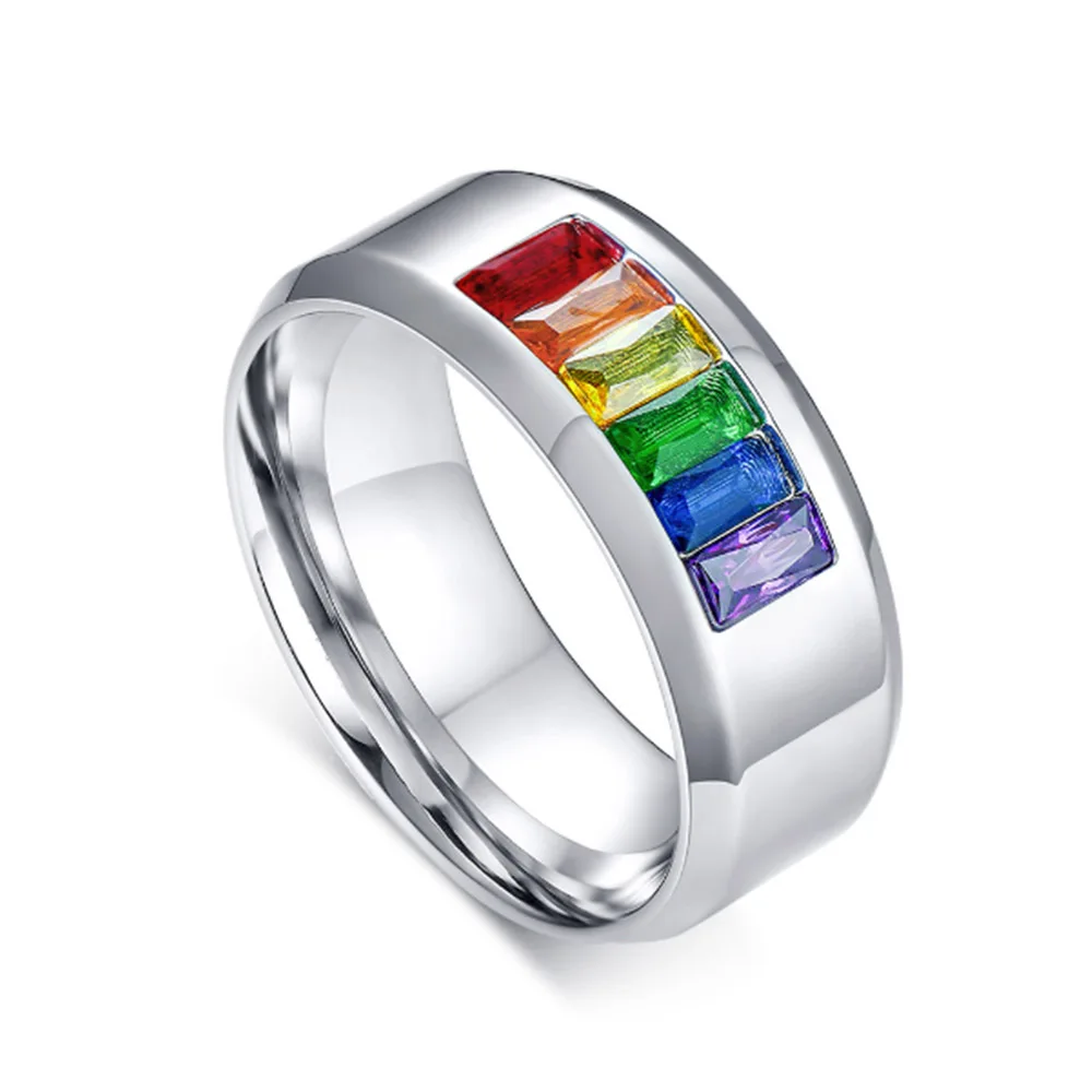 Stainless Steel Rainbow Cubic Zirconia Pride Wedding Band Rings Jewelry Lovers Couple Valentine's Day Gift Rings Hot Sale