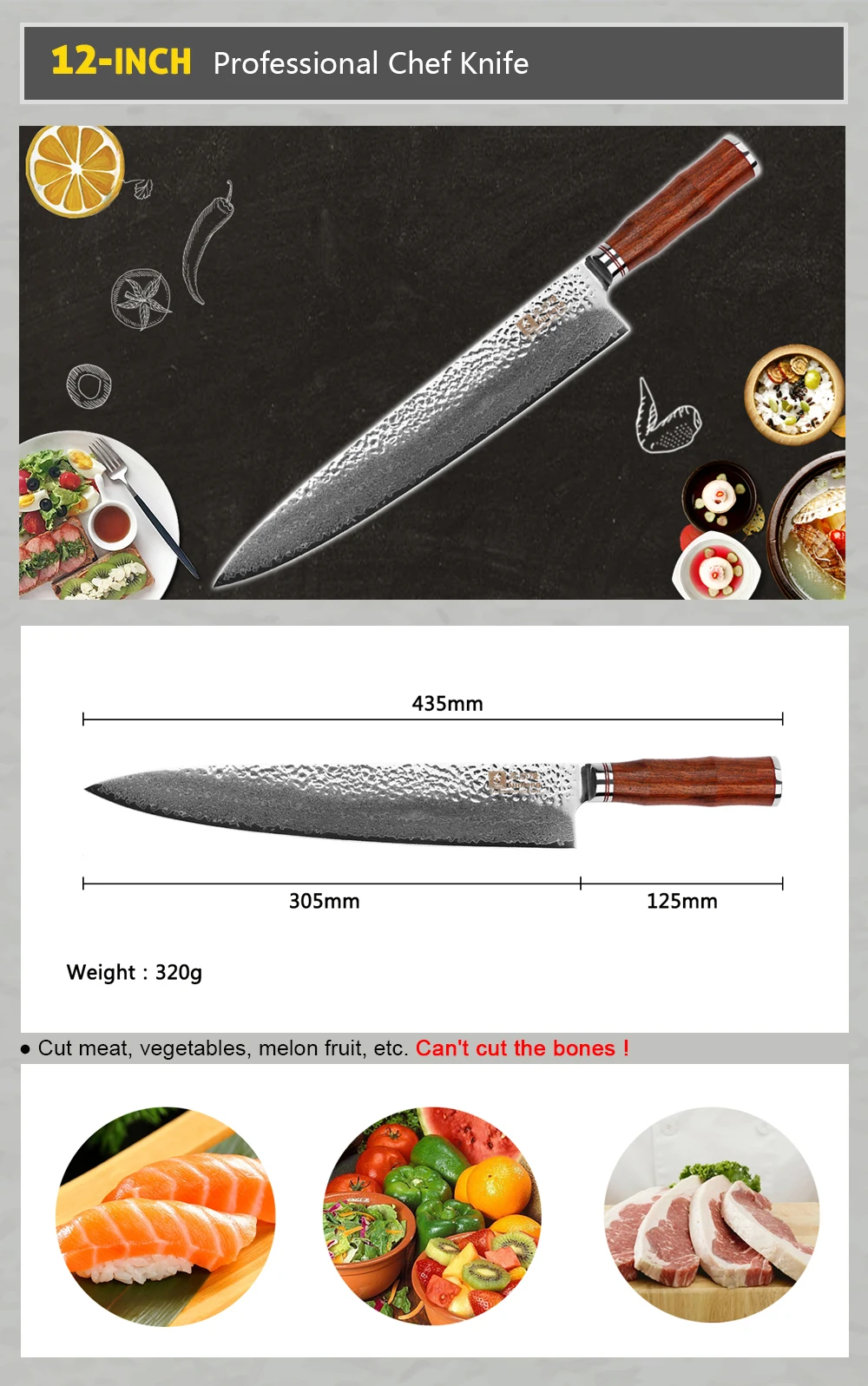 Sunlong 12-дюймовый Дамаск Сталь нож для шеф-повара японский 67 слоев VG-10 с высоким содержанием углерода Нержавеющая сталь, нож Sharp, палисандр ручки