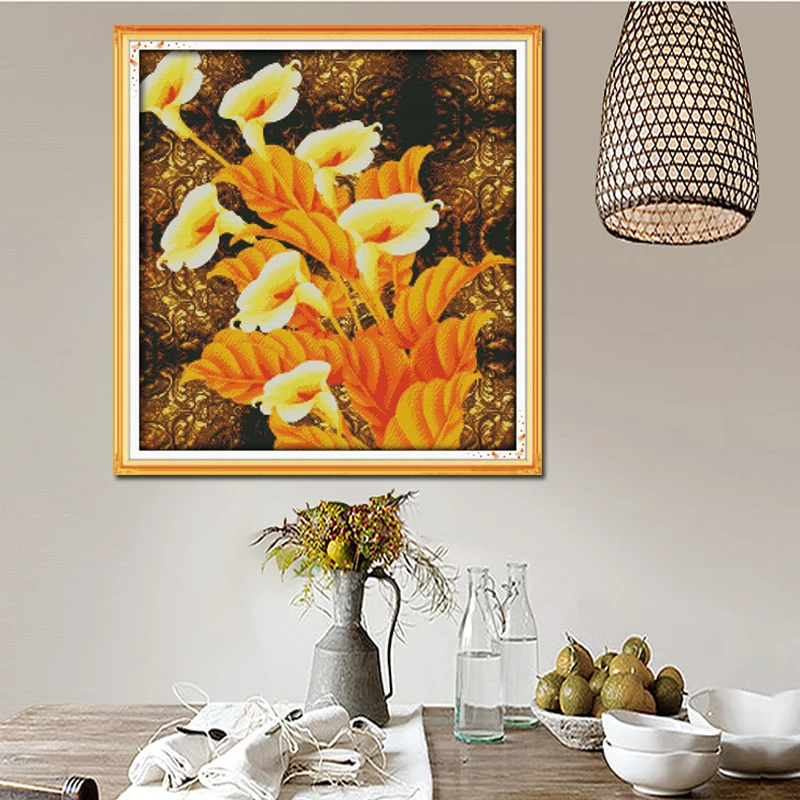 Joy Sunday,Golden callas,Cross stitch embroidery,printing cloth embroidery kit,Printed cross stitch,Flower picture cross stitch (3)