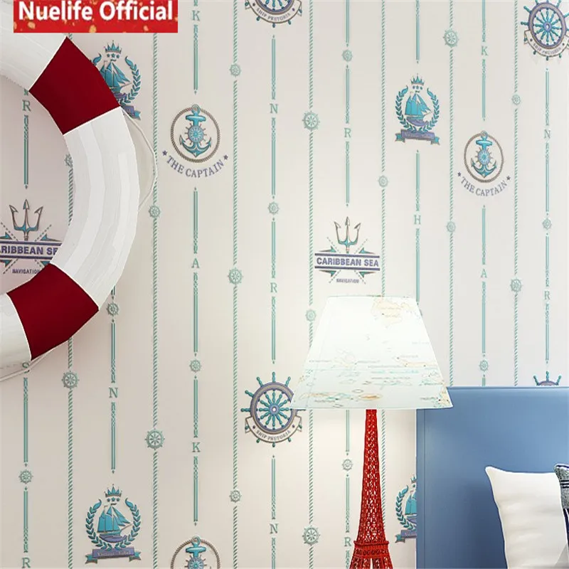 

0.53x10m Blue sailboat striped non-woven wallpaper boy girl kids room kindergarten living room bedroom background wall paper A5