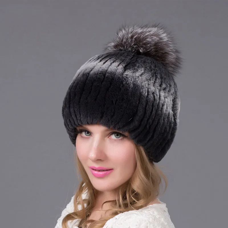 Осенне-зимняя меховая шапка для женщин, настоящий мех кролика и лисы, меховая шапка с хлопковой подкладкой, вязаная шапка, модная теплая шапка премиум-класса THY-31