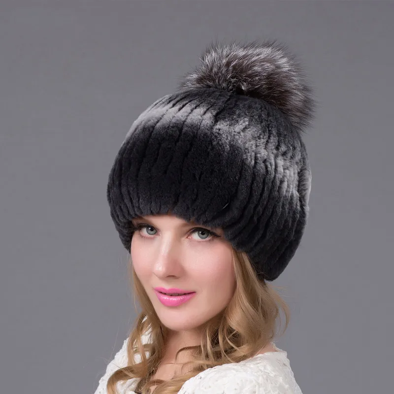 

Autumn Winter Fur Hat Women Real Rex Rabbit Fur and Fox Fur Ball Cotton Lined Knit Hat Fashion Premium Warm Hat THY-31