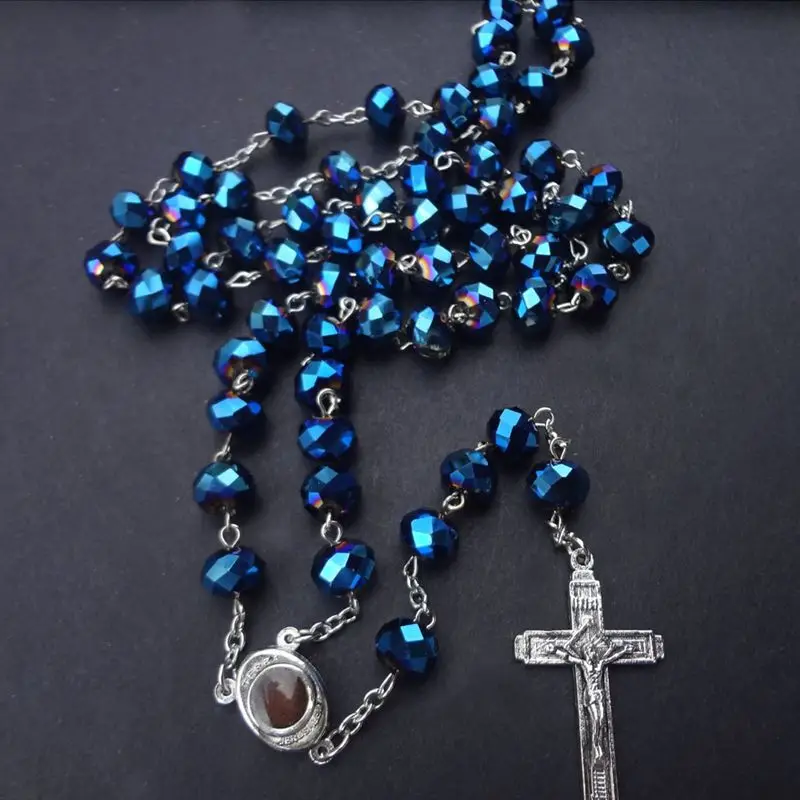 

8*10 mm Big Crystal Rosary Cross Religious Vintage Jewelry Long Strand Necklace
